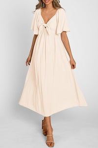 Casual Short Sleeve Bow Tie V Neck Ruffle Flowy Midi Dresses