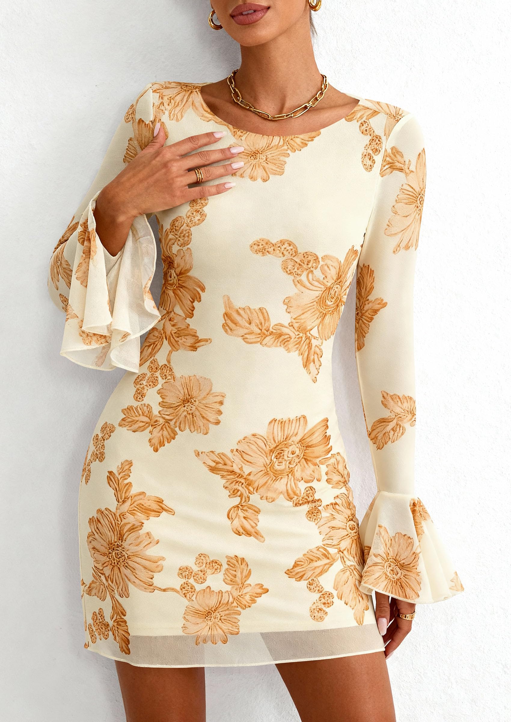 PRETTYGARDEN Women's Floral Embroidered Dress Fall Long Bell Sleeve Ribbon Flower Mini Short Mesh Bodycon Party Dresses