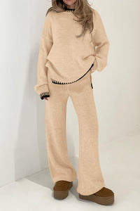 2 Piece Knitted Casual Long Sleeve Pullover Wide Leg Pant Set