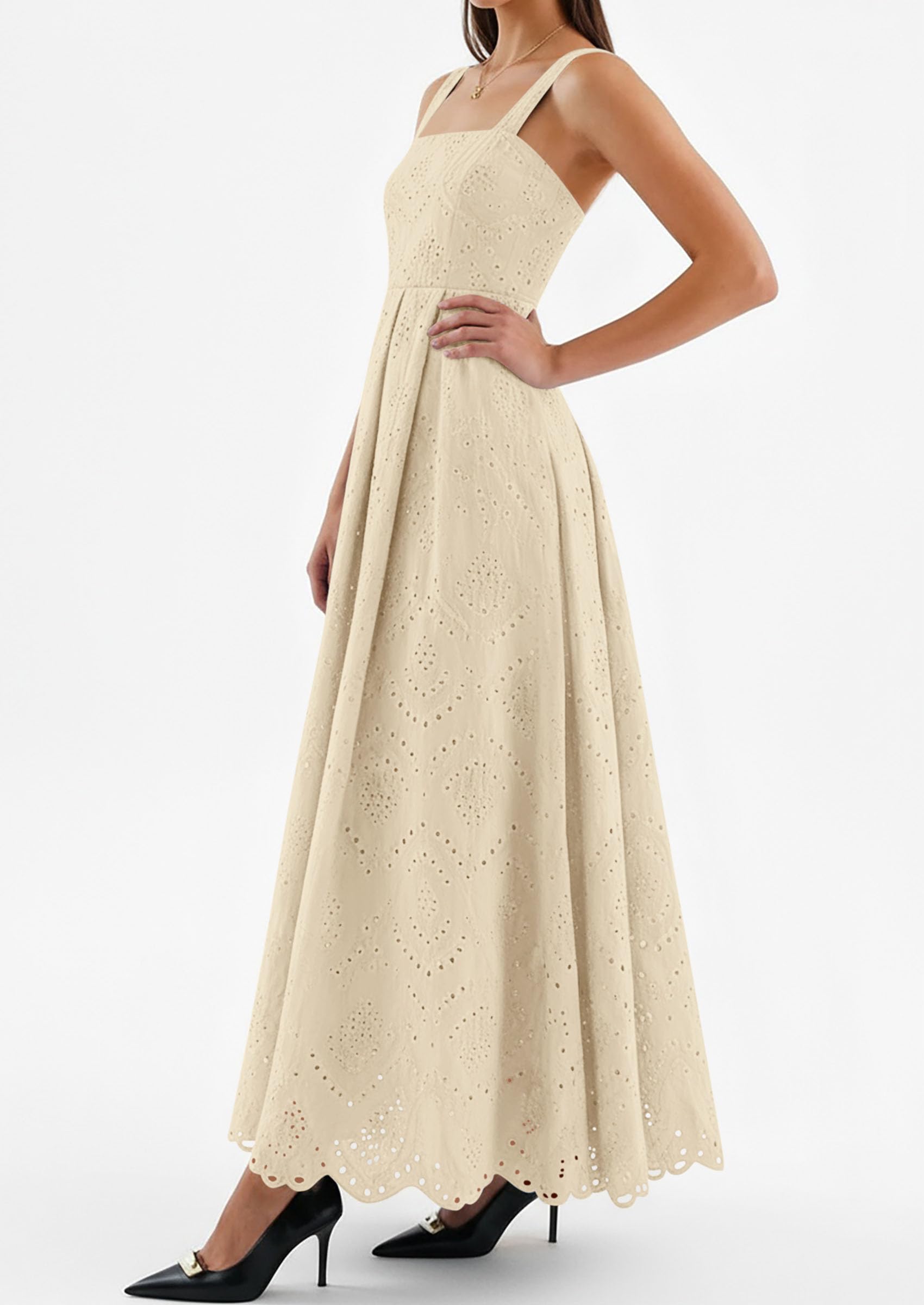 PRETTYGARDEN Womens Sleeveless Maxi Summer Dresses Hollow Out Eyelet Square Neck Ruffle Flowy Beach Vacation Sundress PRETTYGARDEN