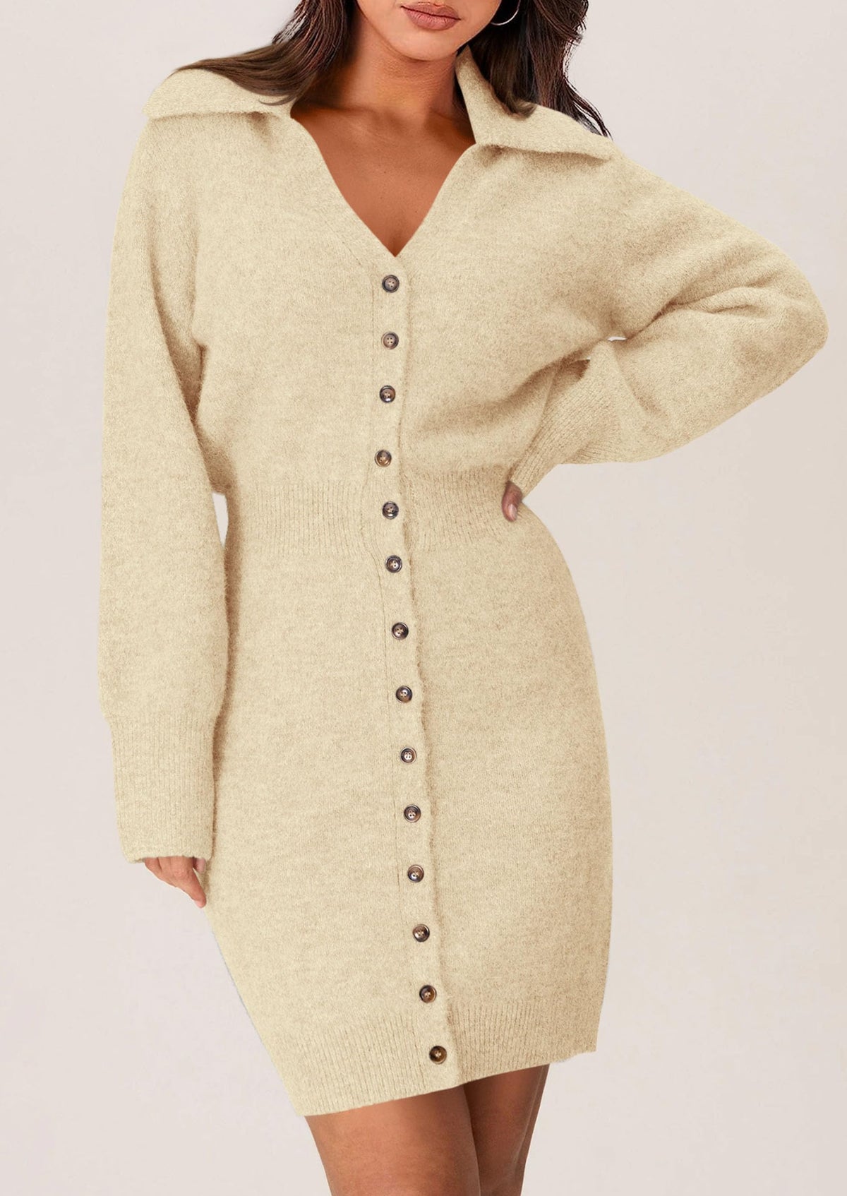 Womens Fall Sweater Dress Long Sleeve V Neck Button Down Knit Pullover Winter Dresses