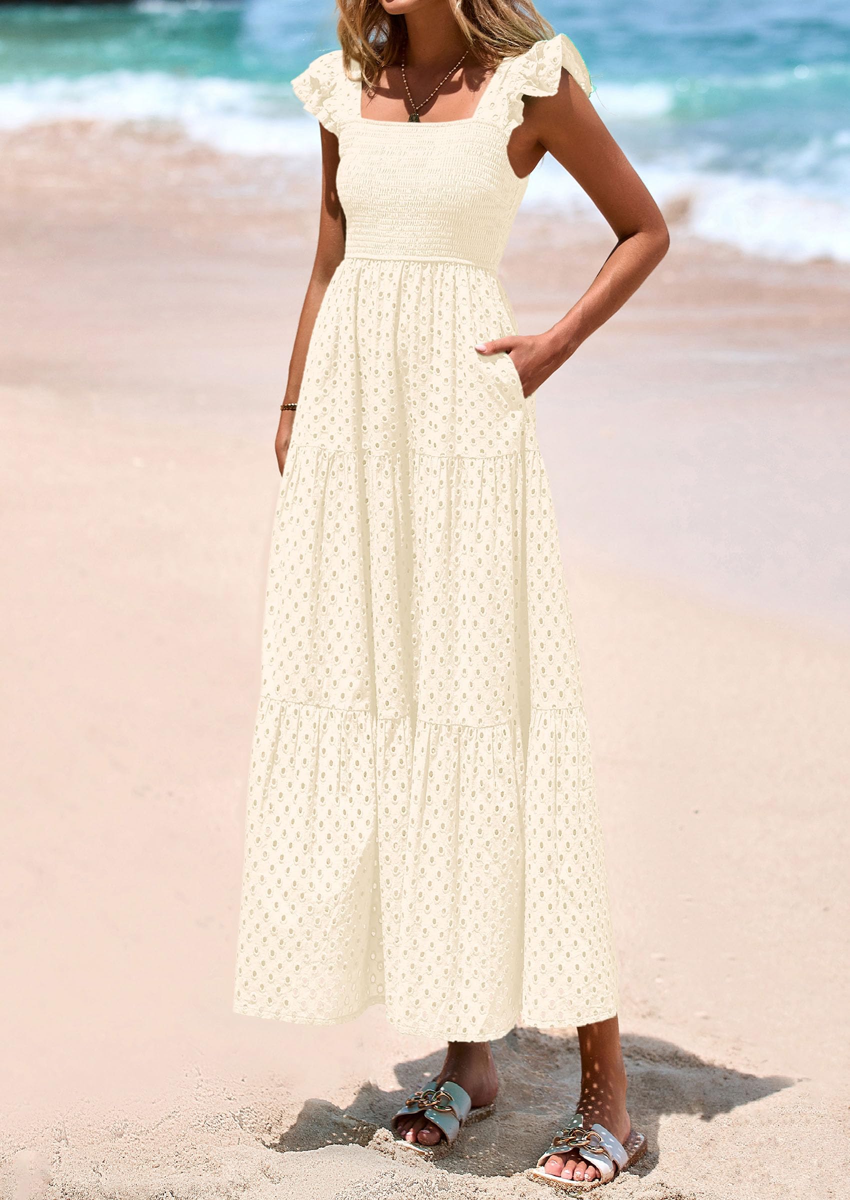 PRETTYGARDEN Womens Square Neck Maxi Dresses Cap Sleeve Eyelet Smocked Tiered A Line Flowy Long Dress with Pockets