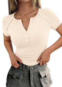 PRETTYGARDEN Womens Summer Short Sleeve Tops 2026 Spring Casual V Neck Henley Button Up T Shirts Dressy Ribbed Knit Blouses PRETTYGARDEN