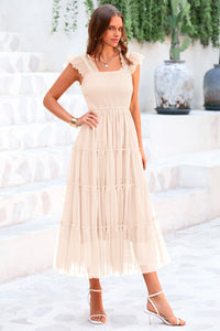 Summer Casual Sleeveless Smocked Ruffle Tulle Flowy Beach Sundress