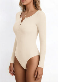 PRETTYGARDEN Long Sleeve Bodysuits for Women Ribbed Knit Henley Button Up Slim Fitted Basic Tops Winter Fashion Clothing PRETTYGARDEN
