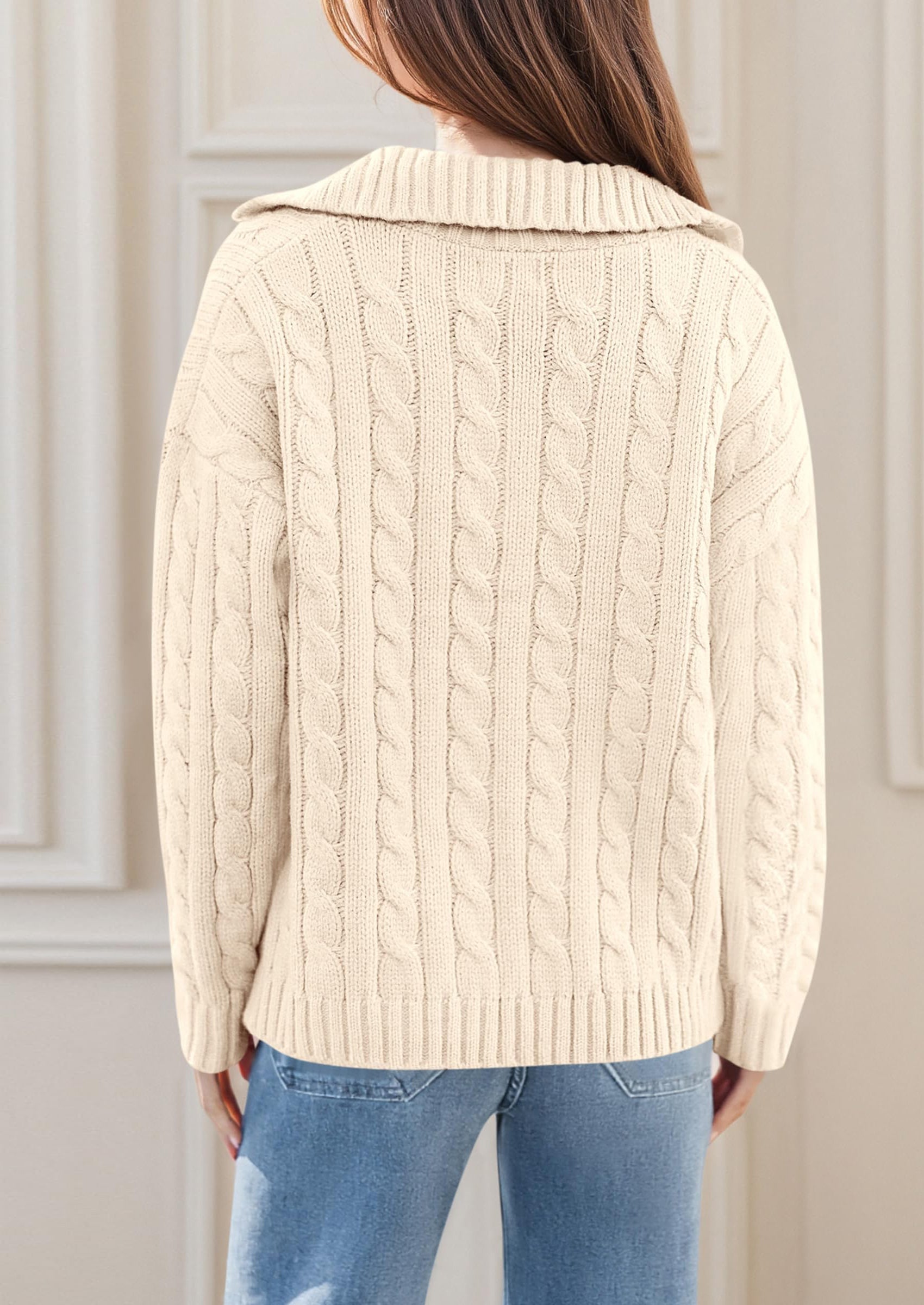 PRETTYGARDEN Fall Cable Knit Oversized Sweaters for Women Polo V Neck Long Sleeve Casual Chunky Sweater Pullover Tops PRETTYGARDEN