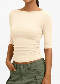 PRETTYGARDEN Womens Summer Short Sleeve Tops Boat Neck Ribbed Knit Slim Fit T Shirt Casual Basic Top Spring Clothes PRETTYGARDEN