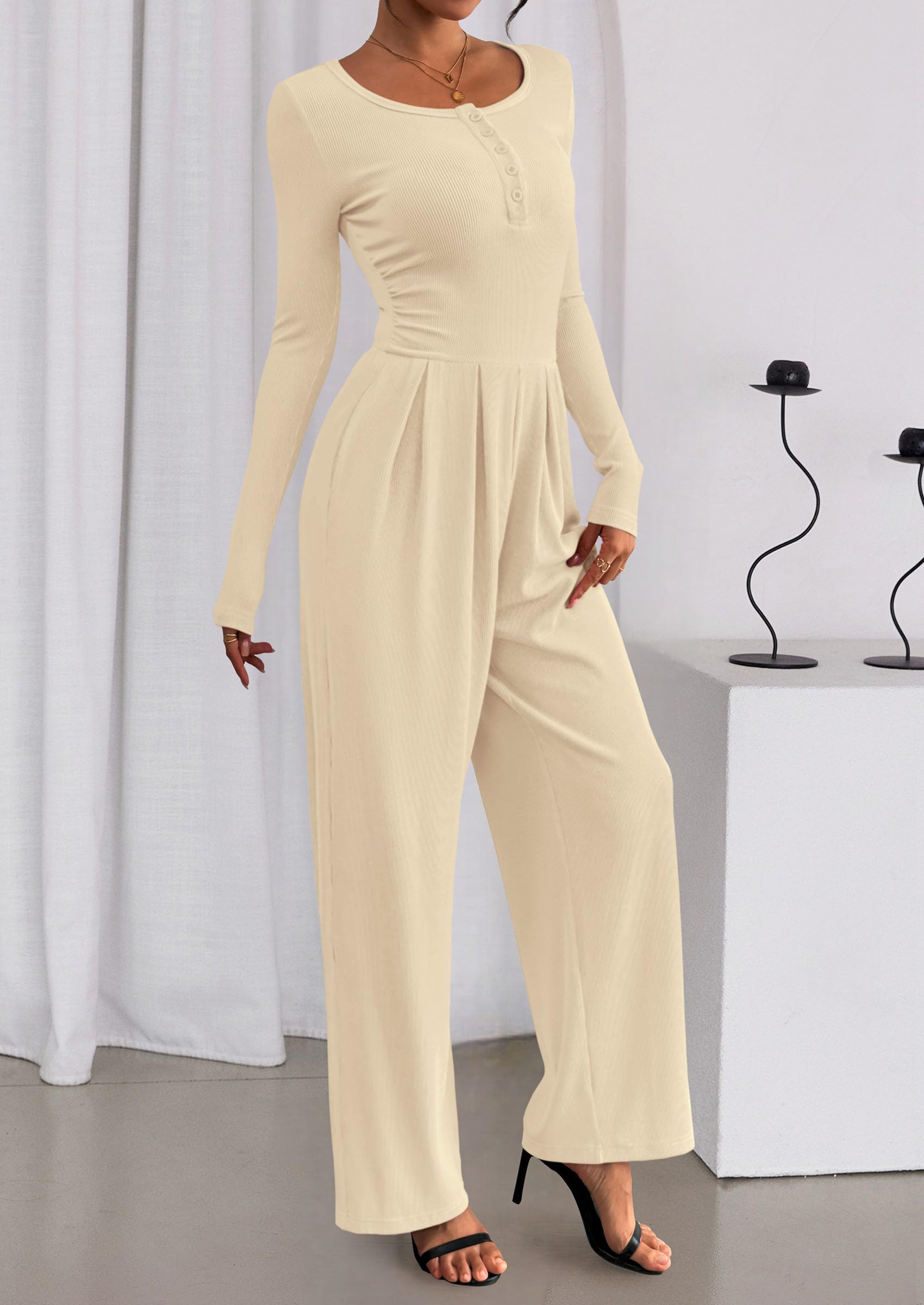 PRETTYGARDEN Jumpsuits for Women Dressy Casual Fall One Piece Outfits Long Sleeve Crew Neck Wide Leg Pants Rompers