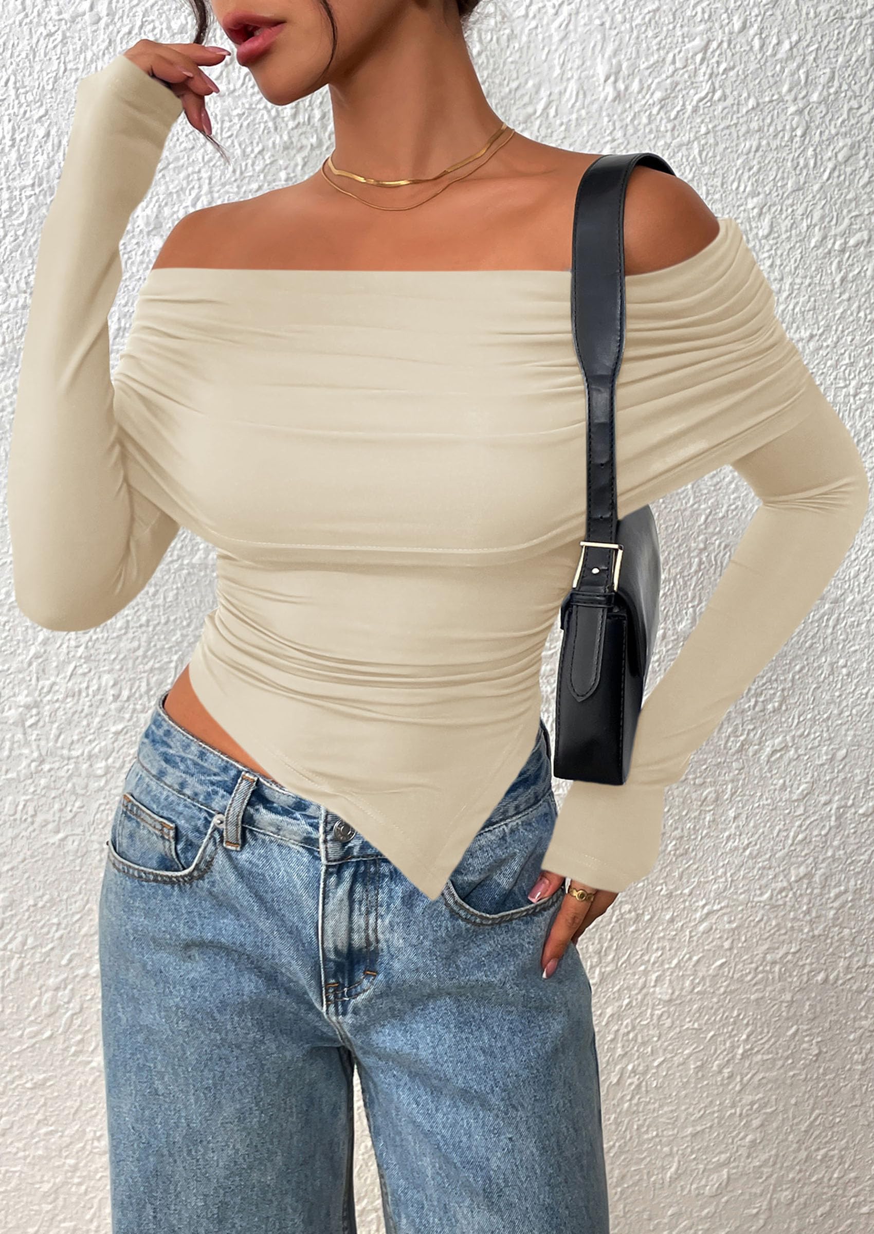 PRETTYGARDEN Women's Long Sleeve Shirts Off Shoulder Tops Going Out Slim Fitted Y2K Blouses Fall Fashion Clothes