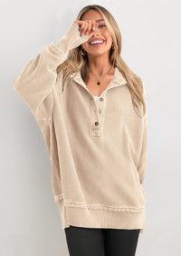 PRETTYGARDEN Womens Fashion Oversized Long Sleeve Hoodie Button Down V Neck Sweatshirt Side Slit Casual Pullover Tops