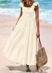 PRETTYGARDEN Womens Square Neck Maxi Dresses Cap Sleeve Eyelet Smocked Tiered A Line Flowy Long Dress with Pockets