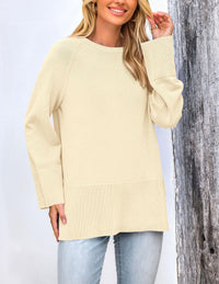 Women's Fall Knit Sweaters Long Sleeve Pullover Crewneck Split Hem Loose Oversized Tunic Sweater Top