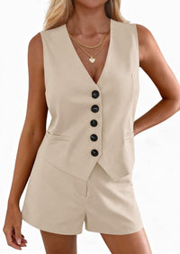 PRETTYGARDEN 2 Piece Sets for Women Spring Fashion Button Vest Tops High Waist Shorts Summer Business Casual Outfits PRETTYGARDEN