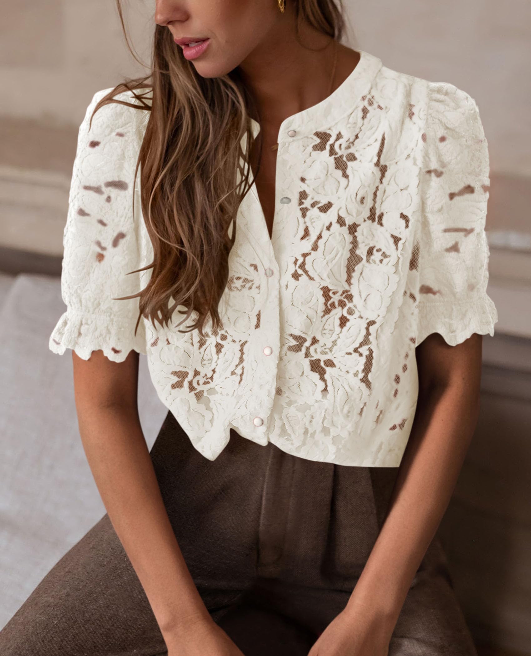 PRETTYGARDEN Womens Spring Lace Tops Short Puff Sleeve Casual Dressy Blouses Eyelet Crew Neck Button Down Shirts