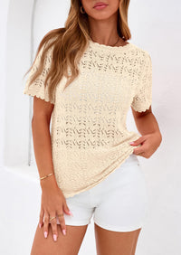PRETTYGARDEN Women's Short Sleeve Sweater Trendy Crochet Summer Tops Casual Hollow Out Shirts Beach Vacation Clothes PRETTYGARDEN