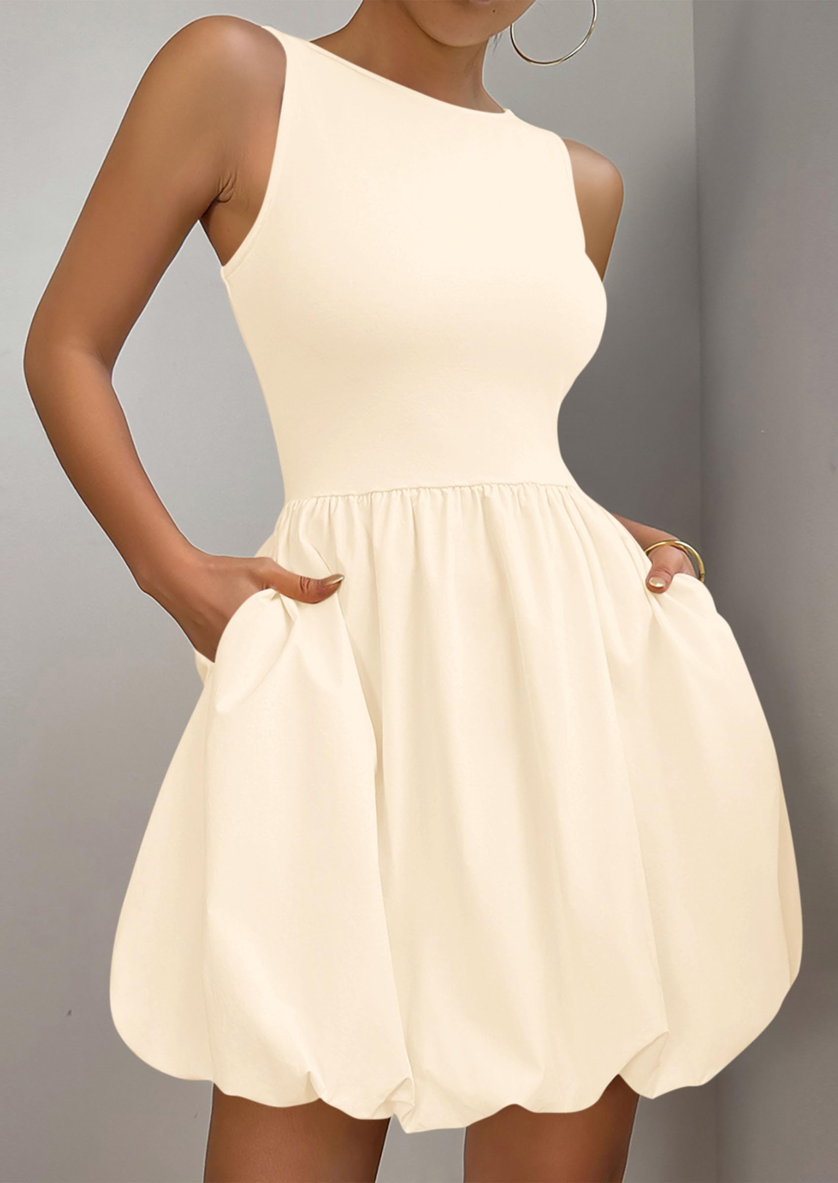 PRETTYGARDEN Summer Dresses for Women Casual Sleeveless Tank Mini Short Dress Crew Neck Bubble Sundress with Pockets