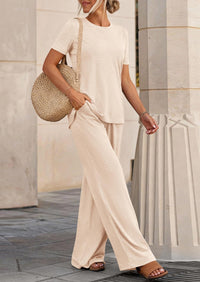 PRETTYGARDEN Summer Lounge Sets for Women 2 Piece Short Sleeve Crewneck Cute Tops and Wide Leg Pants with Pockets Pj Set PRETTYGARDEN