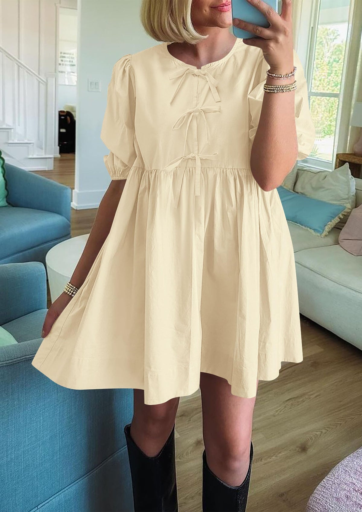 Womens Summer Casual Short Sleeve Dresses A Line Bow Tie Front Babydoll Loose Cute Mini Dress with Pockets