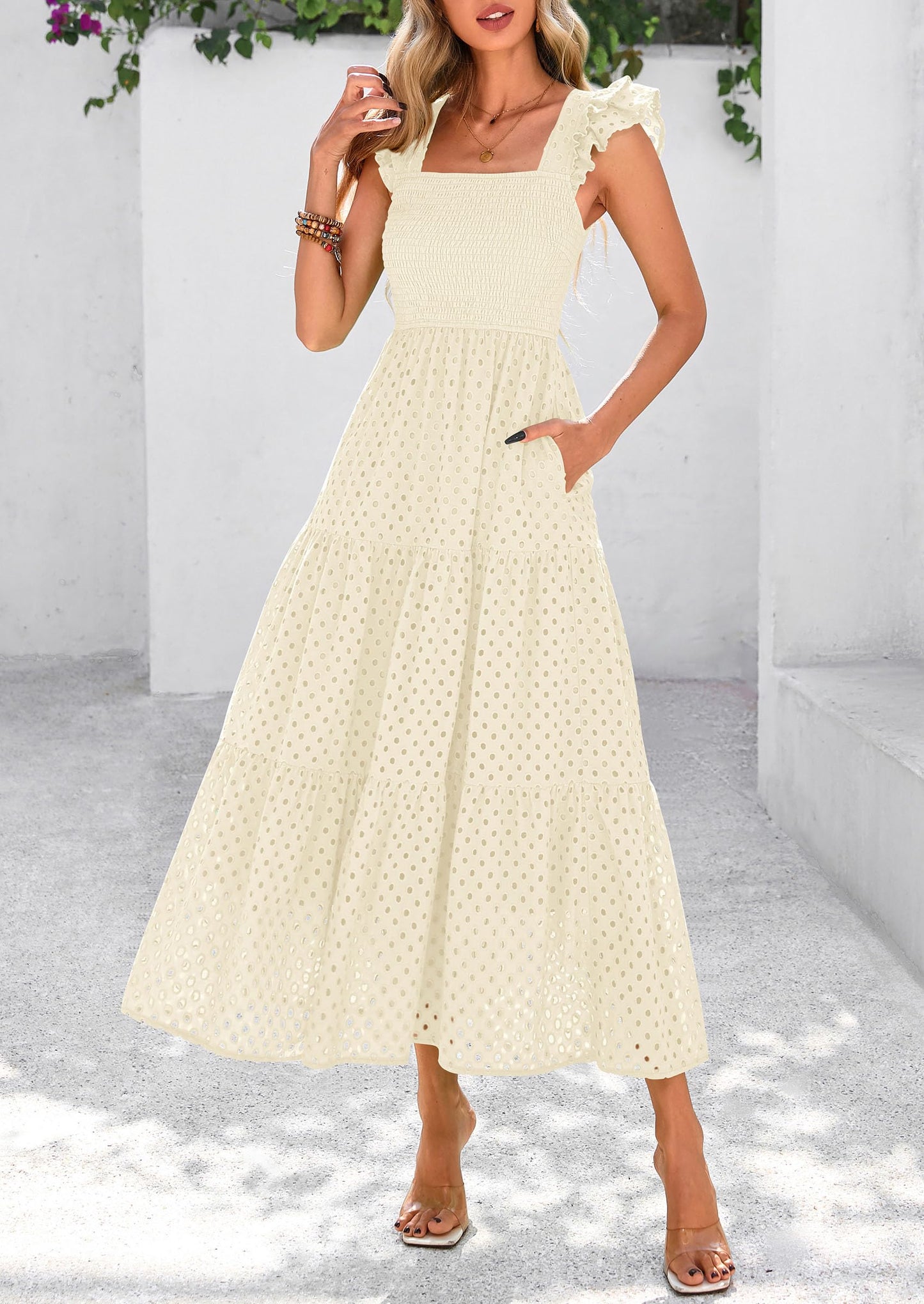 Womens Summer Square Neck Maxi Dresses Cap Sleeve Eyelet Smocked Tiered A Line Flowy Long Dress with Pockets