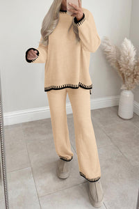 2 Piece Knitted Casual Long Sleeve Pullover Wide Leg Pant Set