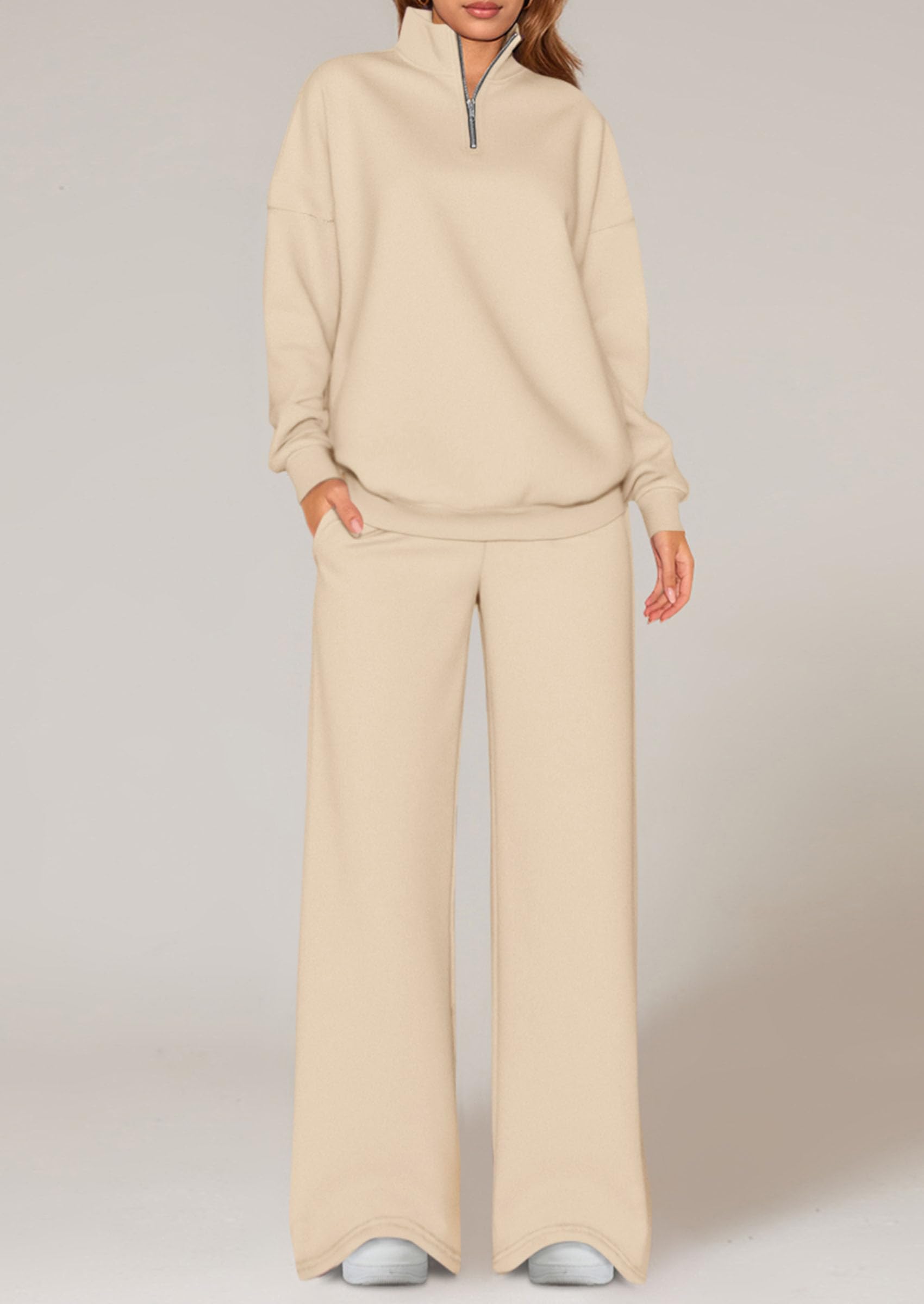 PRETTYGARDEN Womens Casual Two Piece Sets Fall Outfits Quarter Zip Sweatshirts Straight Leg Pants Sweatsuits Tracksuit