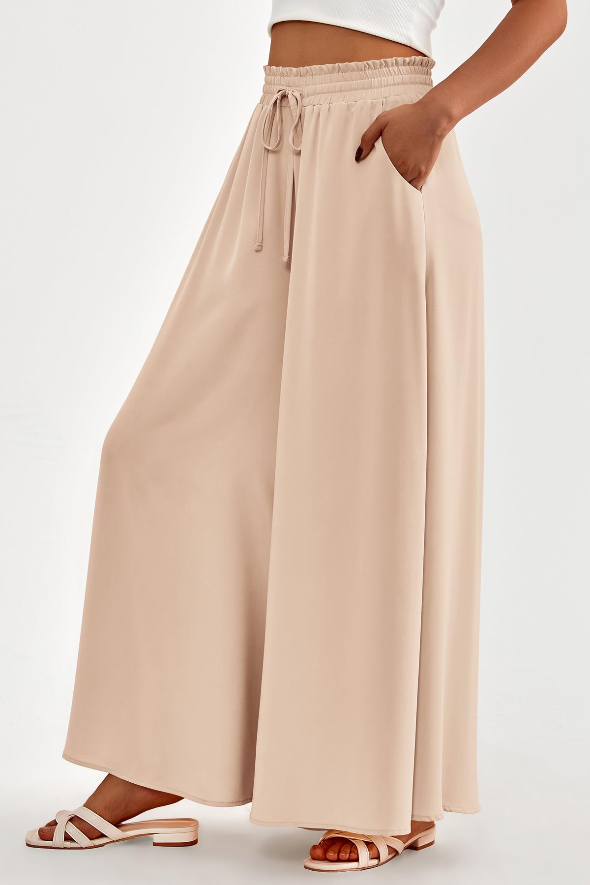 Wide Leg High Waisted Flowy Pockets Palazzo Pants