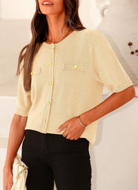 Summer Button Down Shirts Casual Short Sleeve Crew Neck Ribbed Knit Blouse Top Cardigans