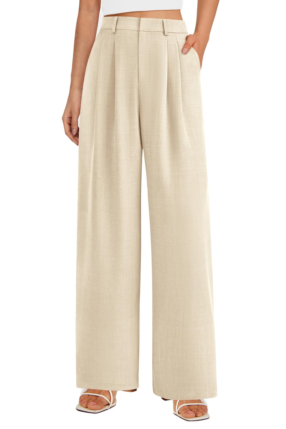 Elastic High Waisted Straight Leg Business Trousers Slacks With Pockets