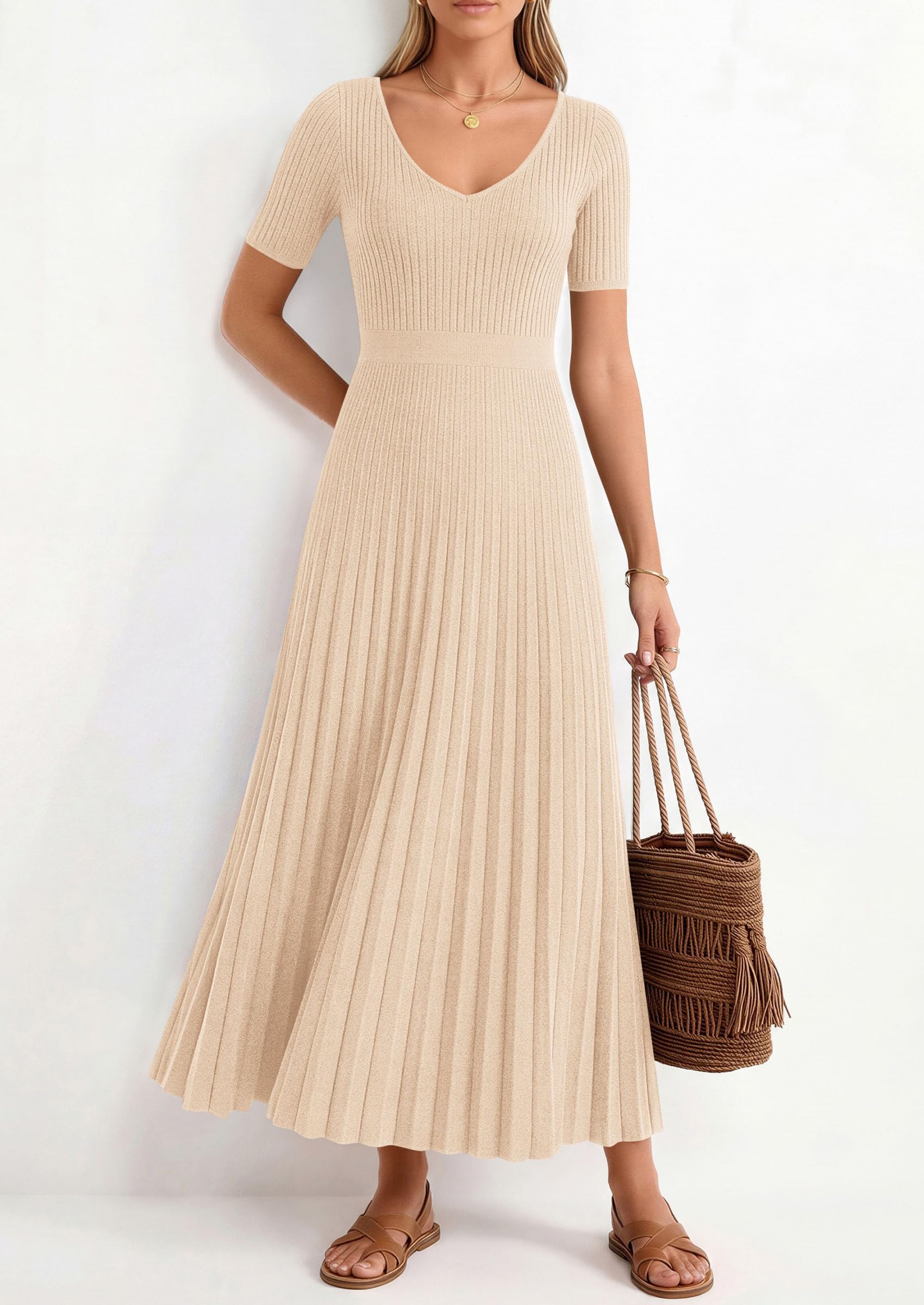 PRETTYGARDEN Women's Spring Midi Sweater Dresses Elegant Pleated Ribbed Knit Short Sleeve V Neck A Line Summer Outfits PRETTYGARDEN