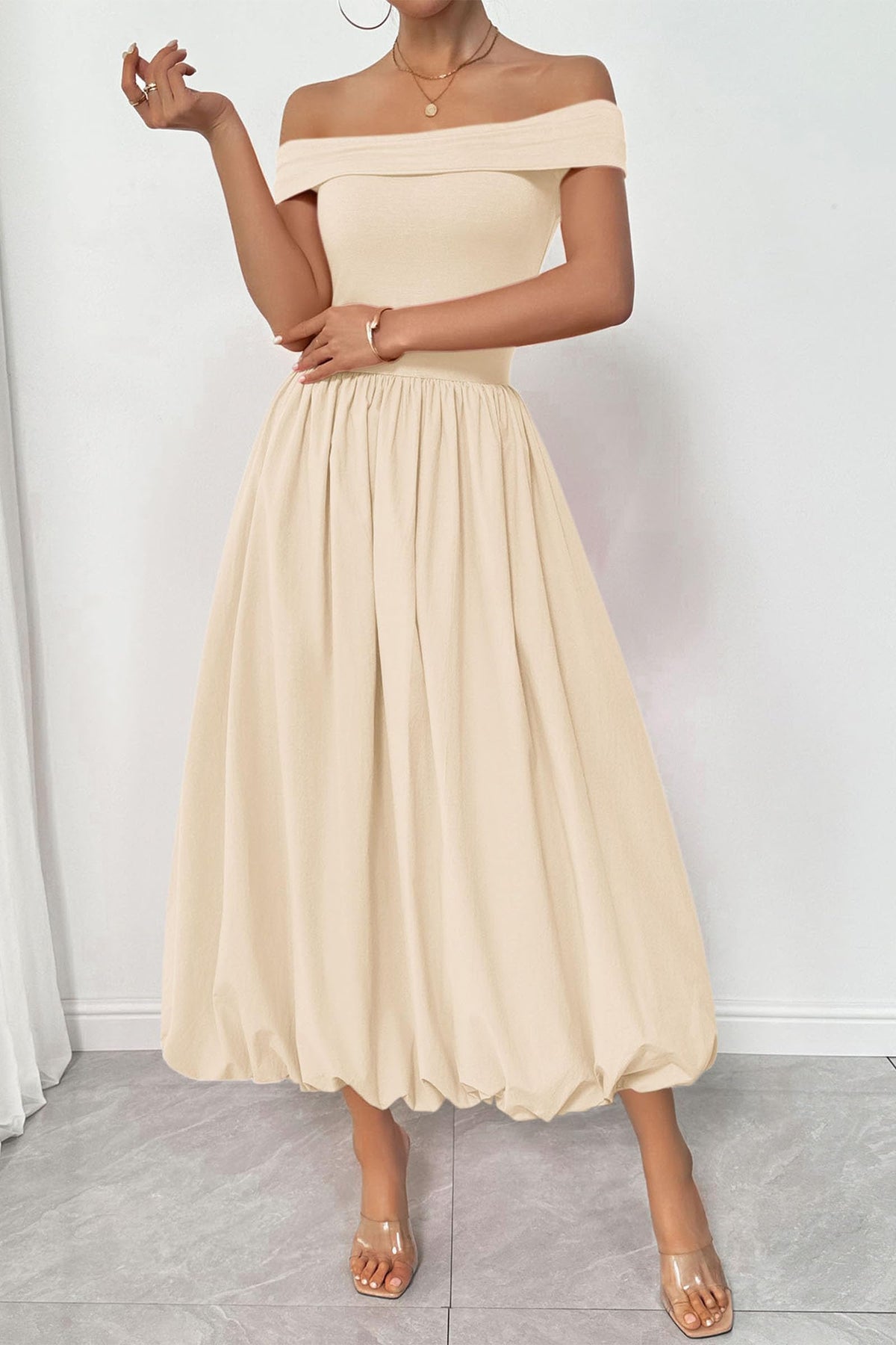 Womens Summer Off Shoulder Sleeveless Midi Dress Cocktail A Line Flowy Wedding Guest Dresses with Pockets