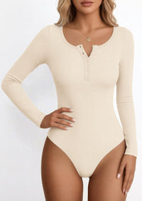 PRETTYGARDEN Long Sleeve Bodysuits for Women Ribbed Knit Henley Button Up Slim Fitted Basic Tops Winter Fashion Clothing PRETTYGARDEN