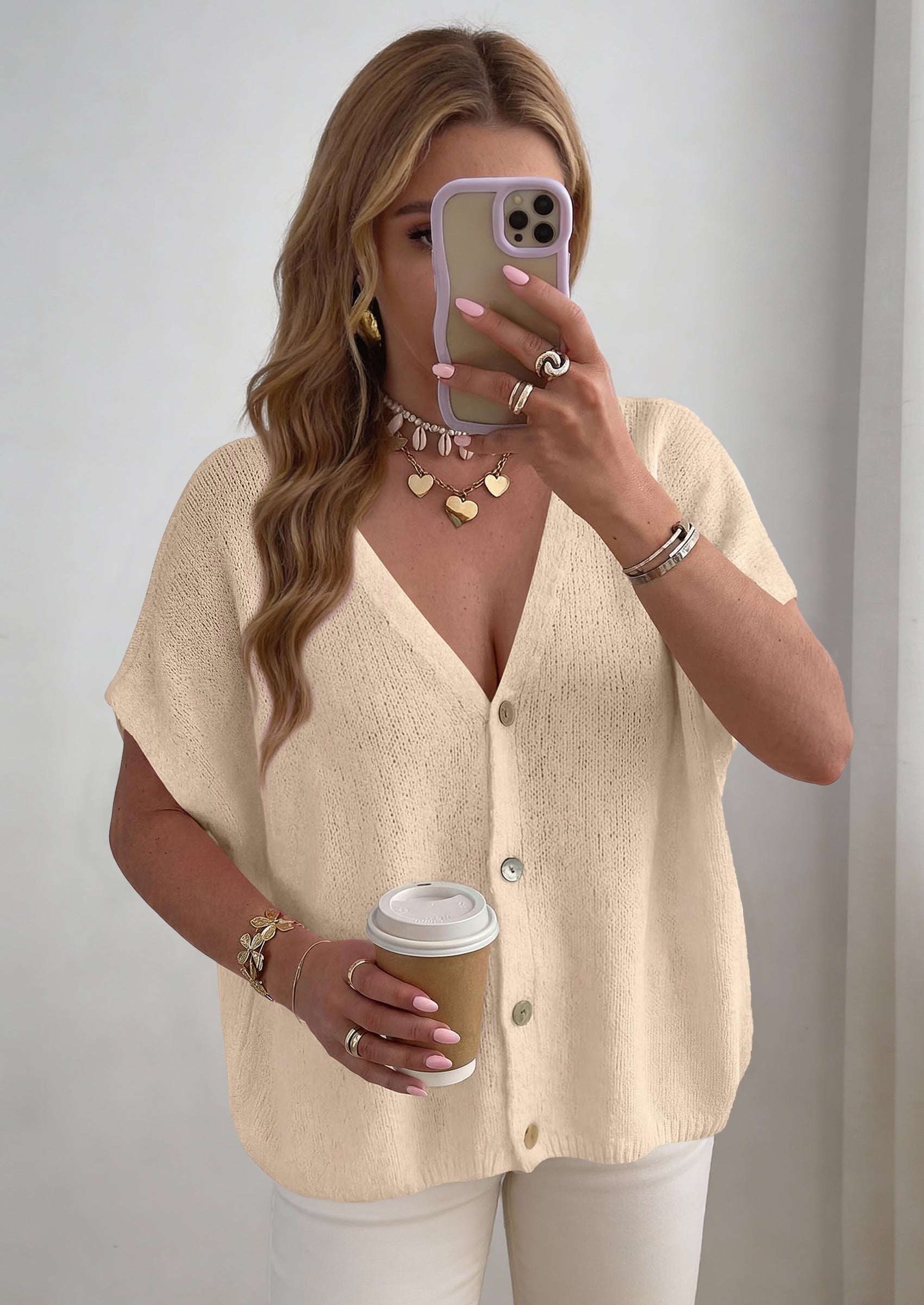 PRETTYGARDEN Batwing Short Sleeve Summer Cardigan Sweaters for Women Lightweight V Neck Button Oversized Sweater Tops PRETTYGARDEN