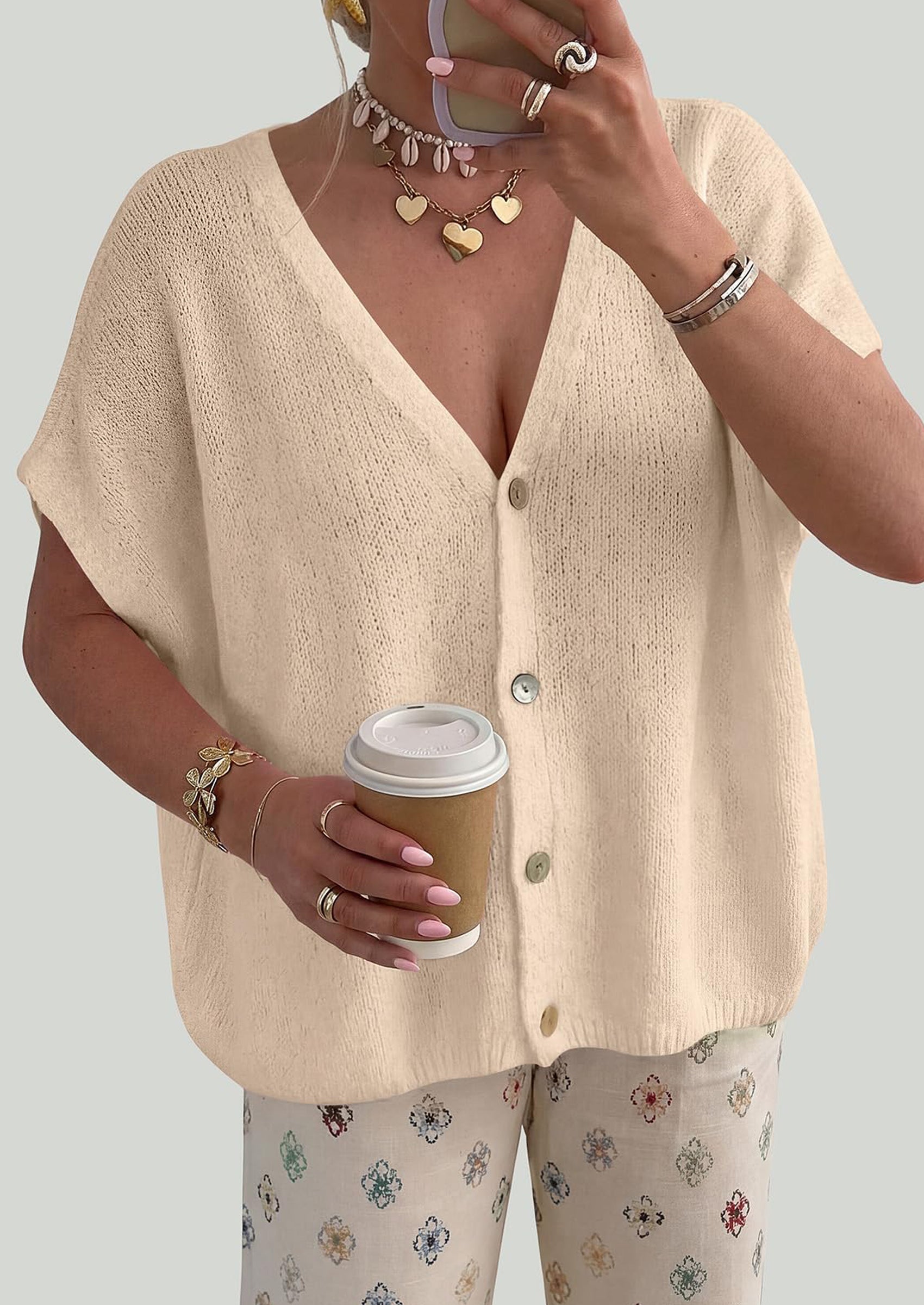 PRETTYGARDEN Batwing Short Sleeve Summer Cardigan Sweaters for Women Lightweight V Neck Button Oversized Sweater Tops PRETTYGARDEN