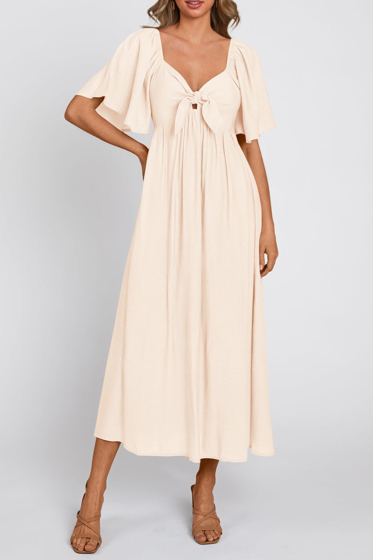 Casual Short Sleeve Bow Tie V Neck Ruffle Flowy Midi Dresses