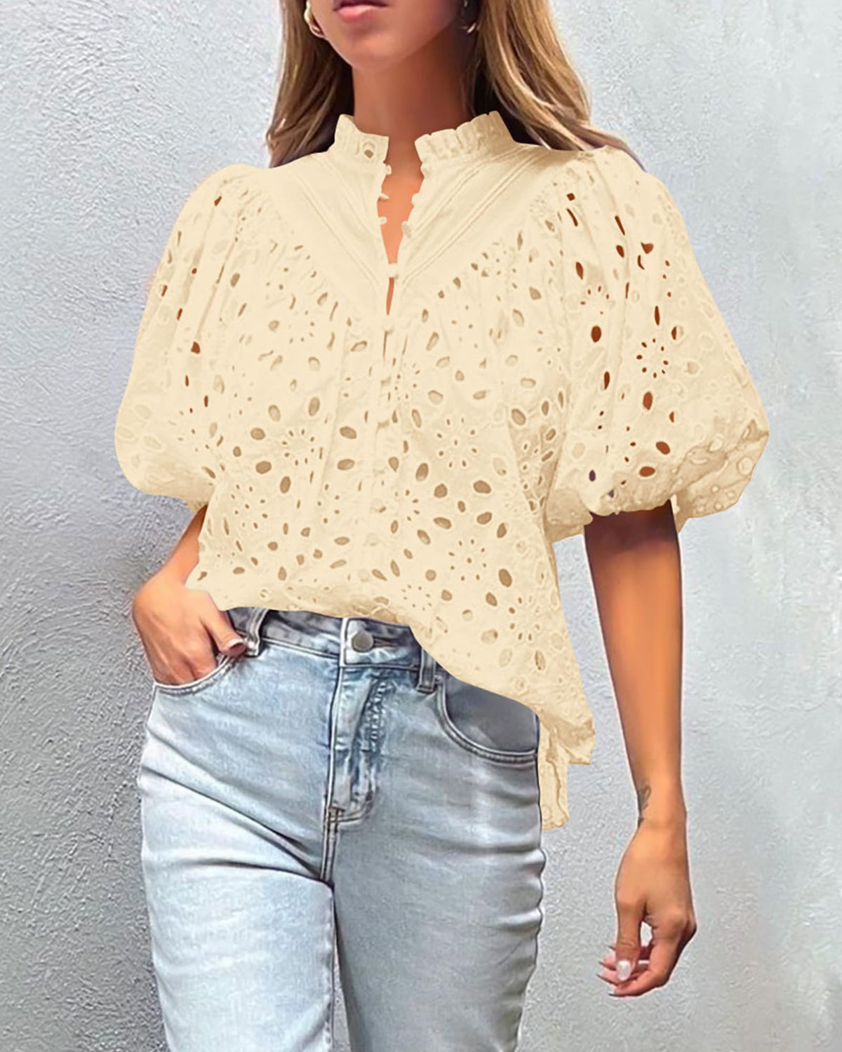 Hollow Out Lace Embroidered Blouse