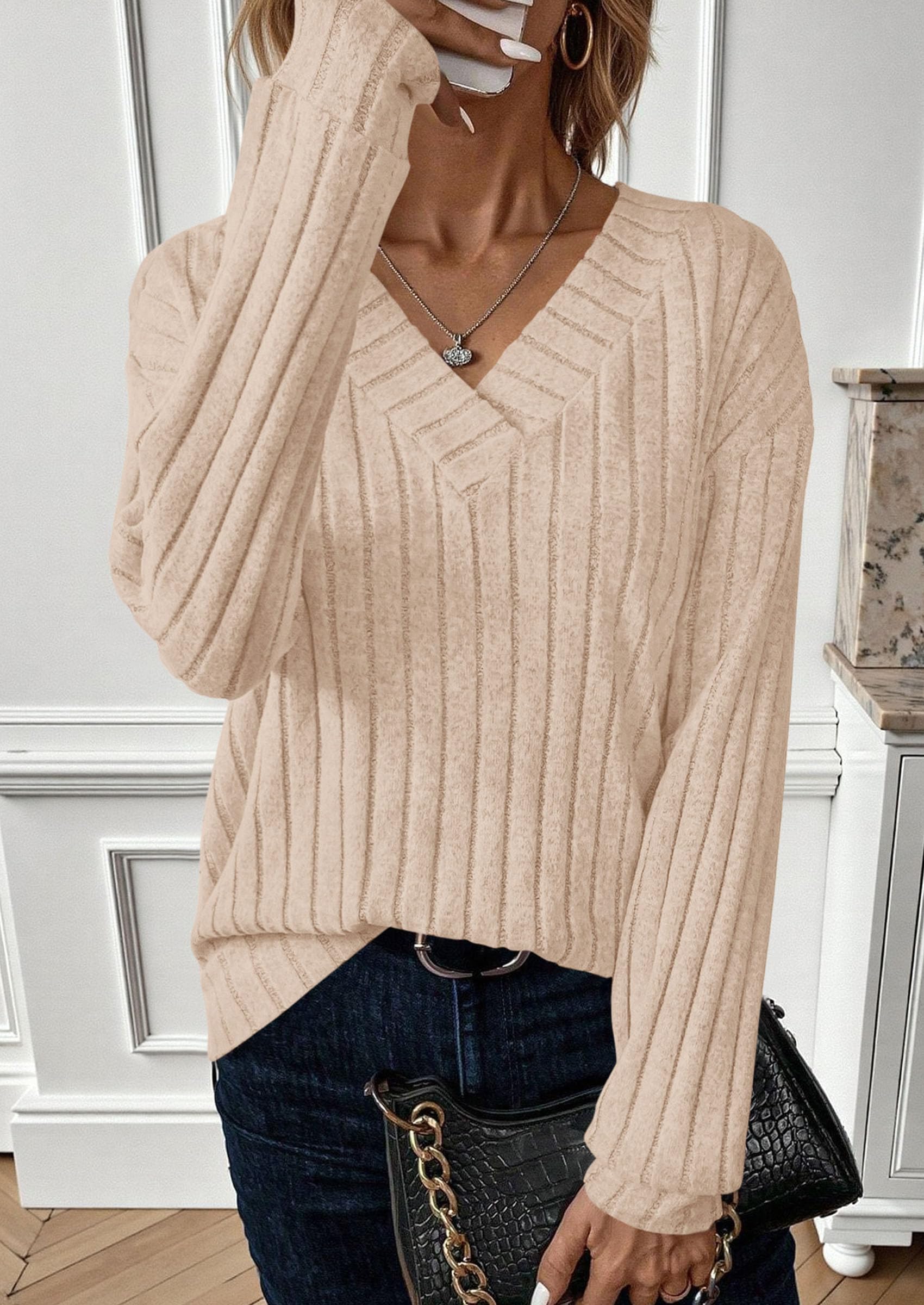 PRETTYGARDEN Fall Fashion Long Sleeve Shirts for Women Ribbed Knit V Neck Dressy Casual Lightweight Sweaters Tunic Tops