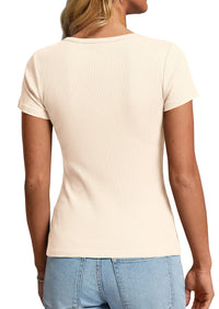 PRETTYGARDEN Womens Summer Short Sleeve Tops 2026 Spring Casual V Neck Henley Button Up T Shirts Dressy Ribbed Knit Blouses PRETTYGARDEN