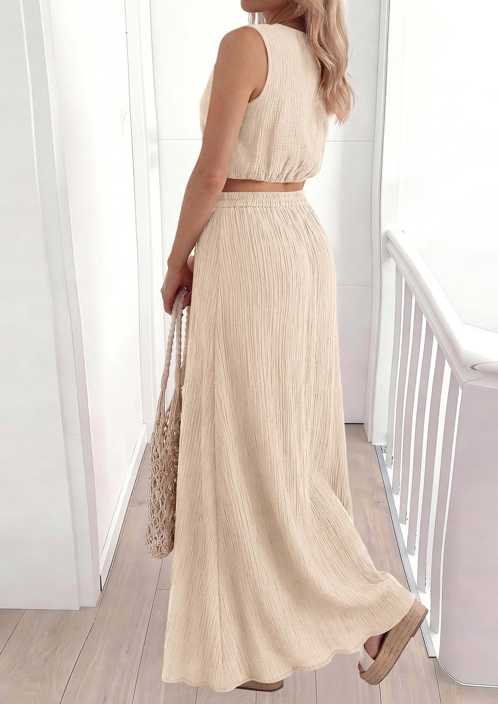 PRETTYGARDEN 2 Piece Sets for Women Summer Outfits Fashion Cotton Sleeveless Crop Top Long Maxi Skirt Set with Pockets