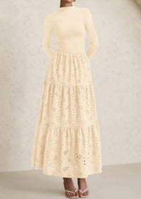 PRETTYGARDEN Long Sleeve Dress for Women Fall Eyelet Mock Neck A Line Elegant Classy Maxi Wedding Guest Dresses Pockets