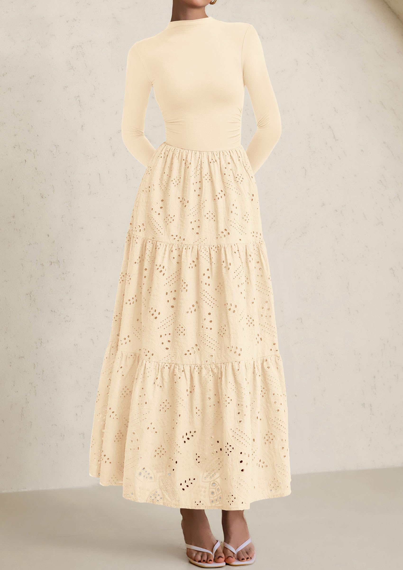 PRETTYGARDEN Long Sleeve Dress for Women Fall Eyelet Mock Neck A Line Elegant Classy Maxi Wedding Guest Dresses Pockets