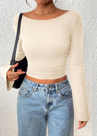 PRETTYGARDEN Women's Long Sleeve Shirts Fall Going Out Tops Casual Boat Neck Bell Sleeve Ribbed Ruched Y2K Clothes