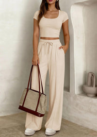 PRETTYGARDEN Women's 2 Piece Matching Lounge Sets Ribbed Short Sleeve Crop Tops Wide Leg Pants Summer Airport Outfits PRETTYGARDEN