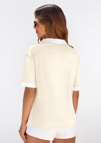 PRETTYGARDEN Summer Short Sleeve Polo Shirts for Women Collared V Neck Work Dressy Tops Knit Loose Business Casual Outfits PRETTYGARDEN