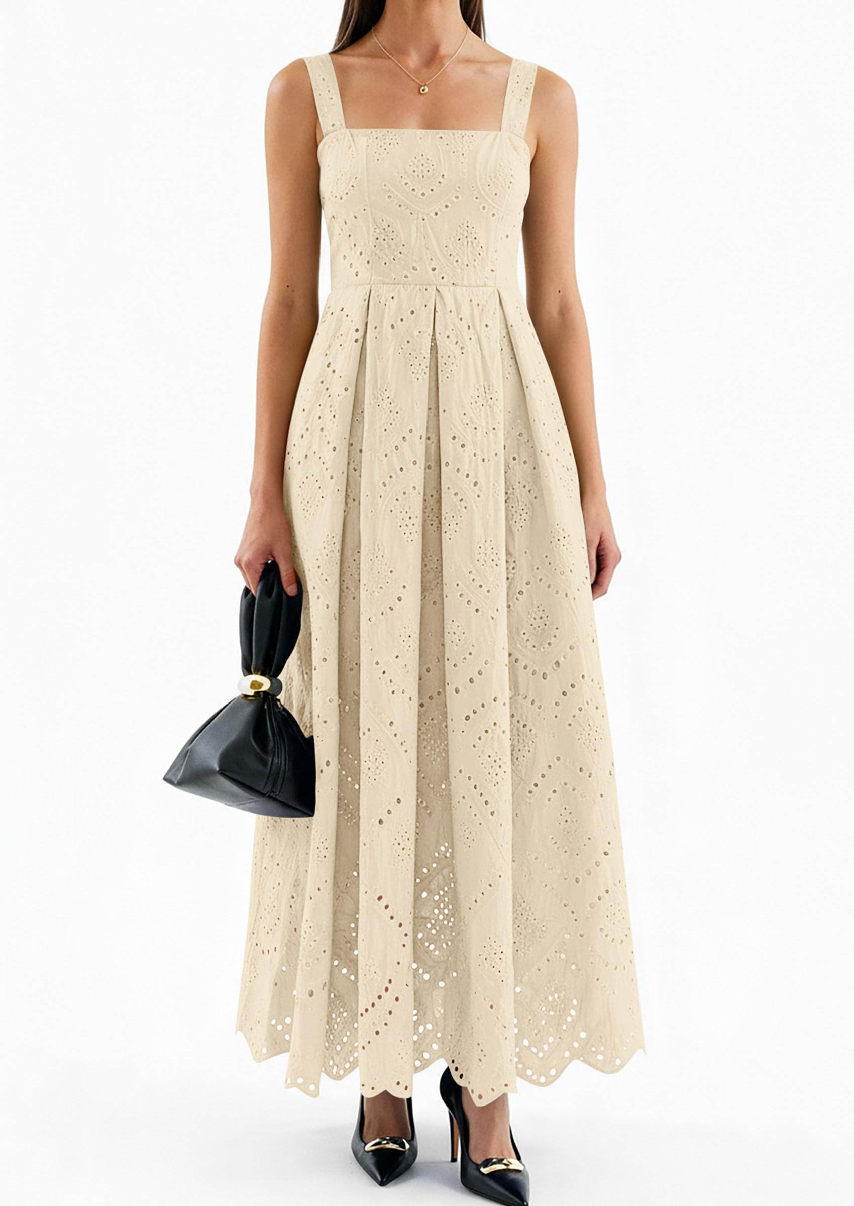 PRETTYGARDEN Womens Sleeveless Maxi Summer Dresses Hollow Out Eyelet Square Neck Ruffle Flowy Beach Vacation Sundress PRETTYGARDEN