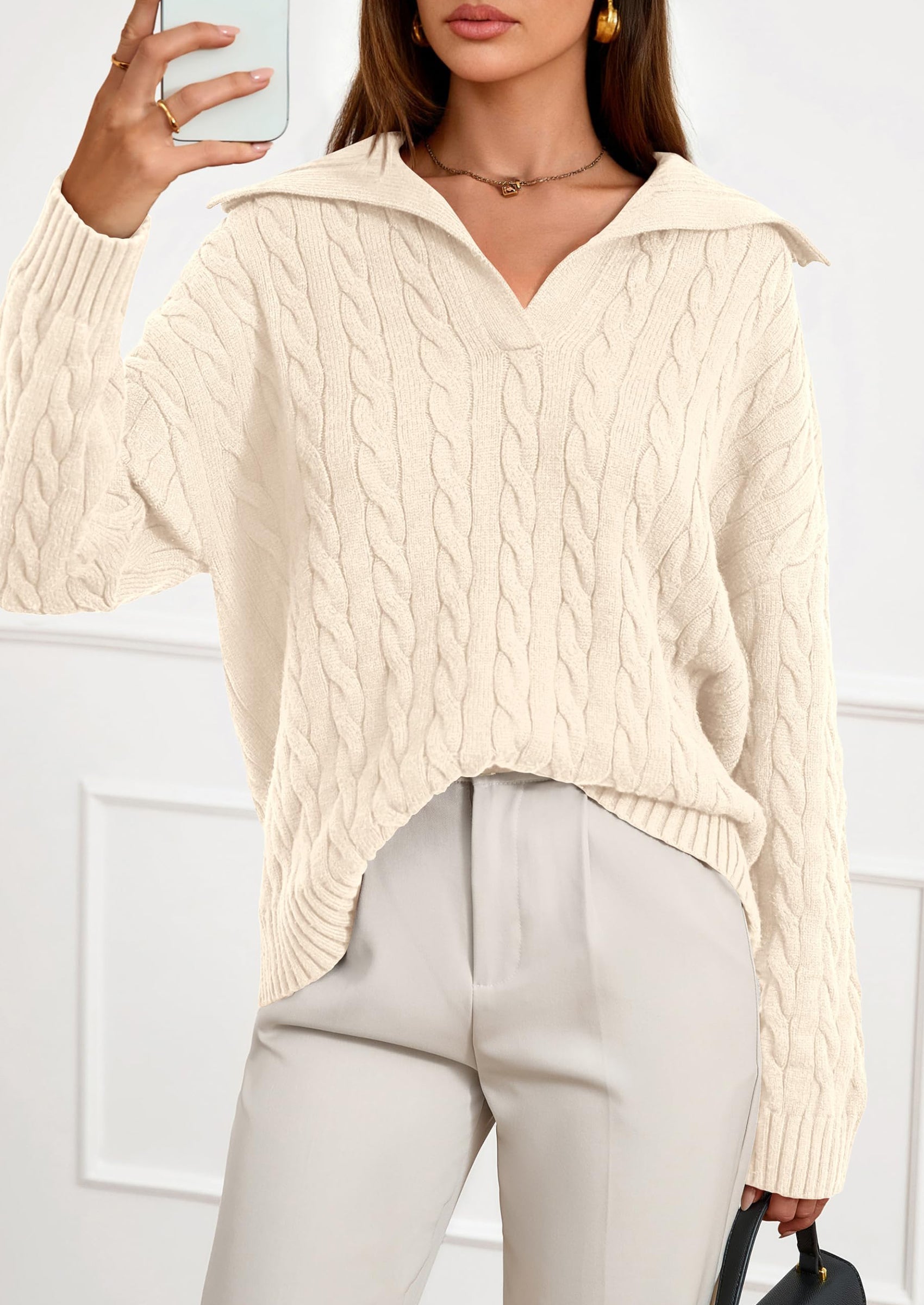 PRETTYGARDEN Fall Cable Knit Oversized Sweaters for Women Polo V Neck Long Sleeve Casual Chunky Sweater Pullover Tops PRETTYGARDEN