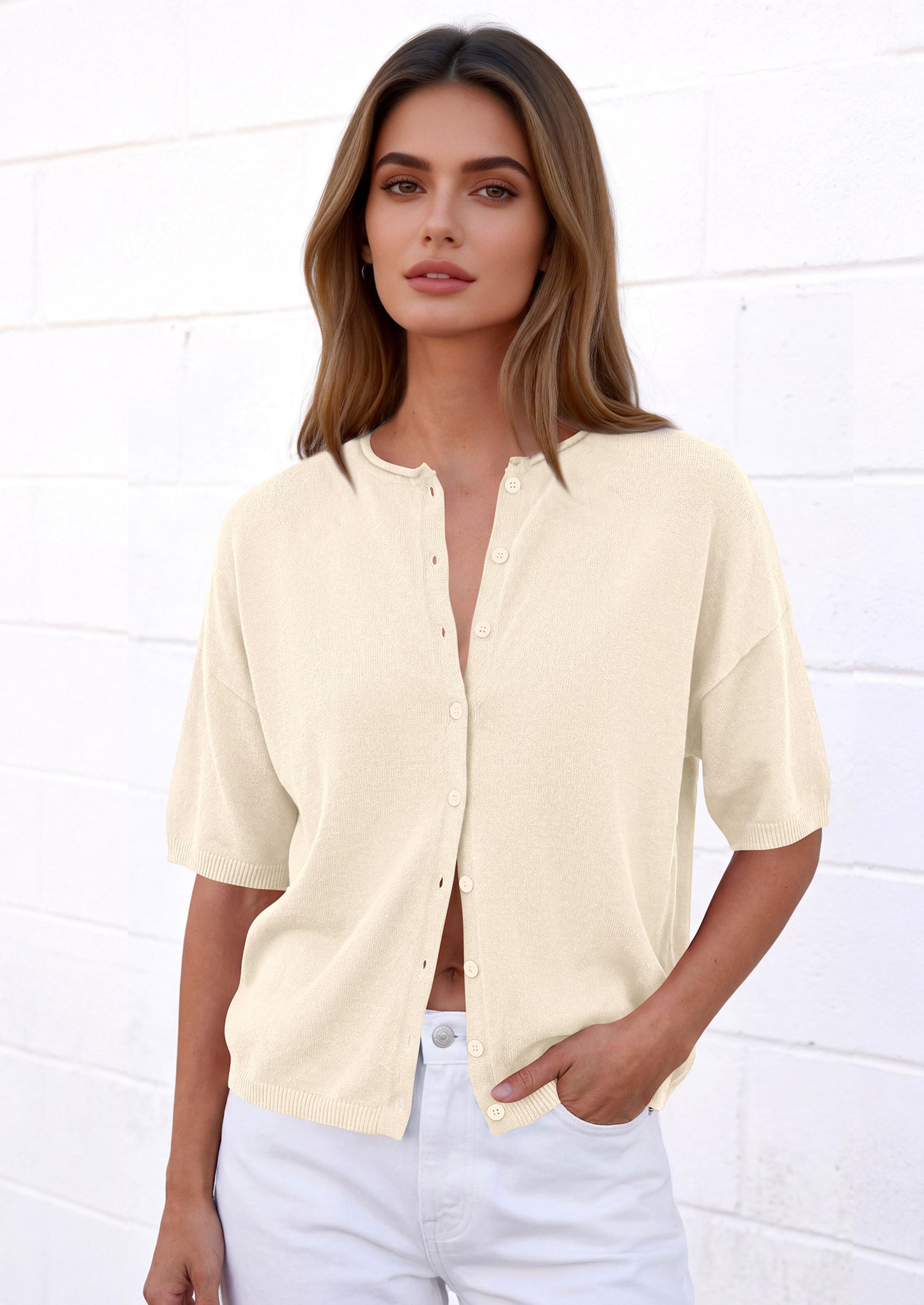 PRETTYGARDEN Women Spring Short Sleeve Cardigan Sweaters Button Down Knit Shirt Blouse Dressy Casual Tops Summer Outfits PRETTYGARDEN