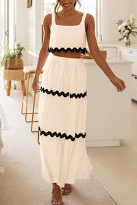 2 Piece Summer Casual Sleeveless Cropped Tank Top High Waisted Maxi Skirt Set