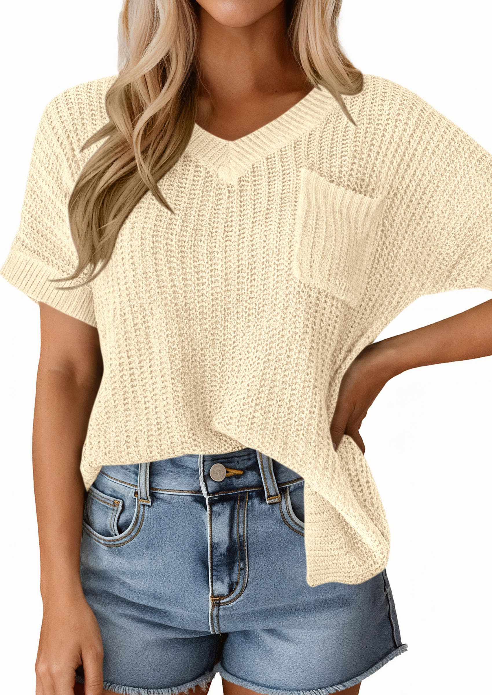 PRETTYGARDEN Women's Spring Short Sleeve Sweaters Lightweight V Neck Casual Going Out Summer T PRETTYGARDEN