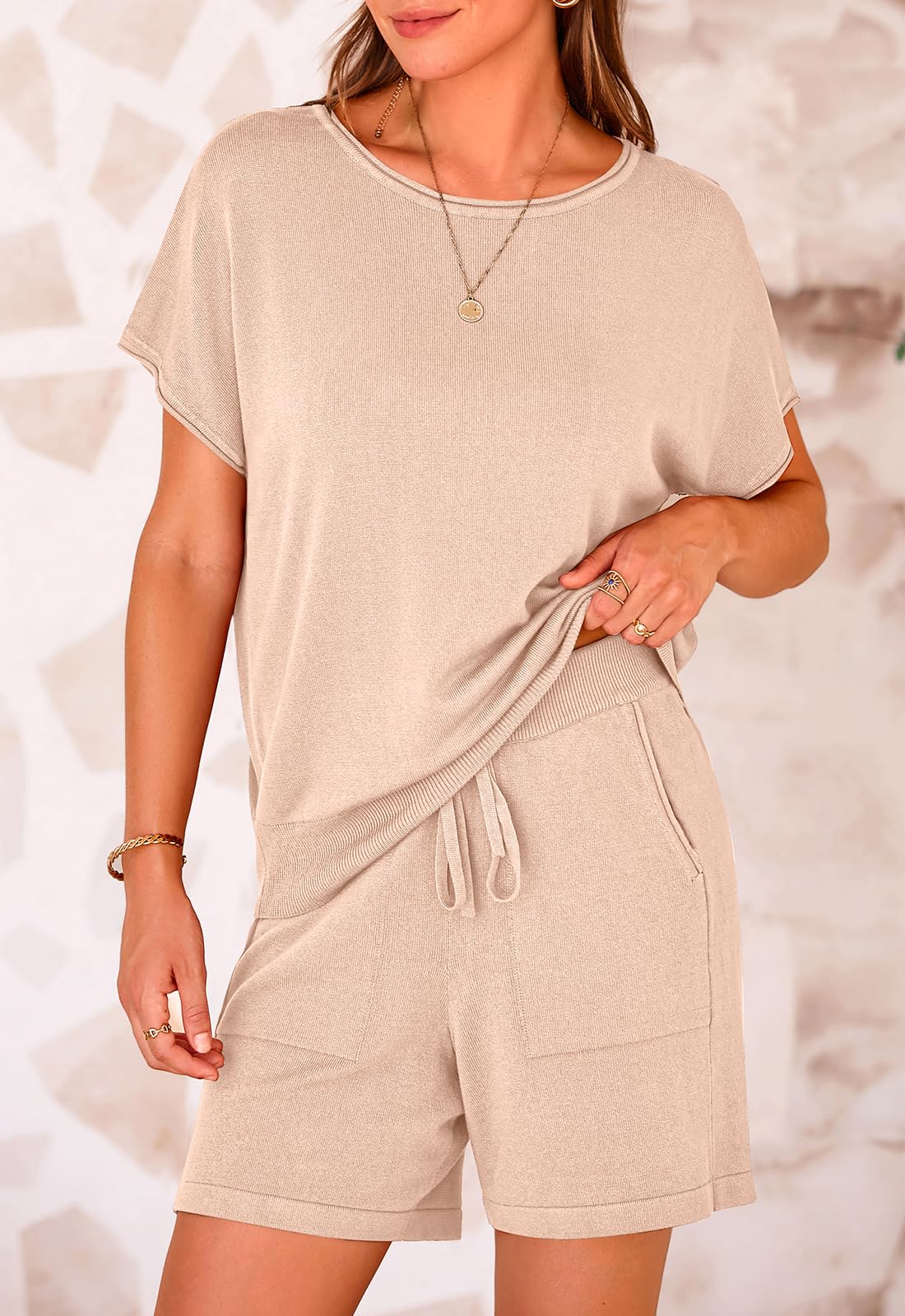 PRETTYGARDEN Two Piece Set for Women Summer Lounge Sets Shorts And Short Sleeve Tops Knitted Matching Travel Spring Outfits PRETTYGARDEN