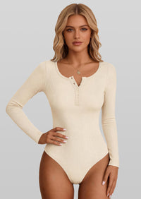 PRETTYGARDEN Long Sleeve Bodysuits for Women Ribbed Knit Henley Button Up Slim Fitted Basic Tops Winter Fashion Clothing